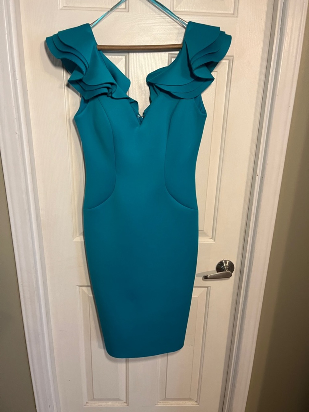 Eliza J Teal Ruffle-Shoulder Midi Sheath Dress  size 8